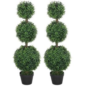 HOMCOM Set of 2 Artificial Ball Boxwood Topiary Trees, Fake Plants in Pot for Indoor Outdoor Living Room Green